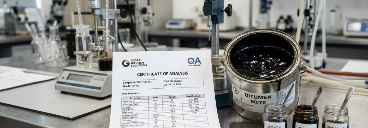 Bitumen COA Sample + Typical Technical Properties (60/70 | نمونه COA قیر + خواص فنی رایج قیر 60/70، 80/100 و 40/50 | نموذج COA للبيتومين + الخصائص الفنية الشائعة (60/70، 80/100، 40/50)