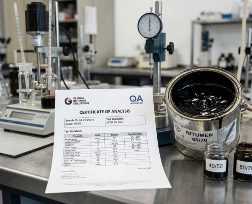 Bitumen COA Sample + Typical Technical Properties (60/70 | نمونه COA قیر + خواص فنی رایج قیر 60/70، 80/100 و 40/50 | نموذج COA للبيتومين + الخصائص الفنية الشائعة (60/70، 80/100، 40/50)